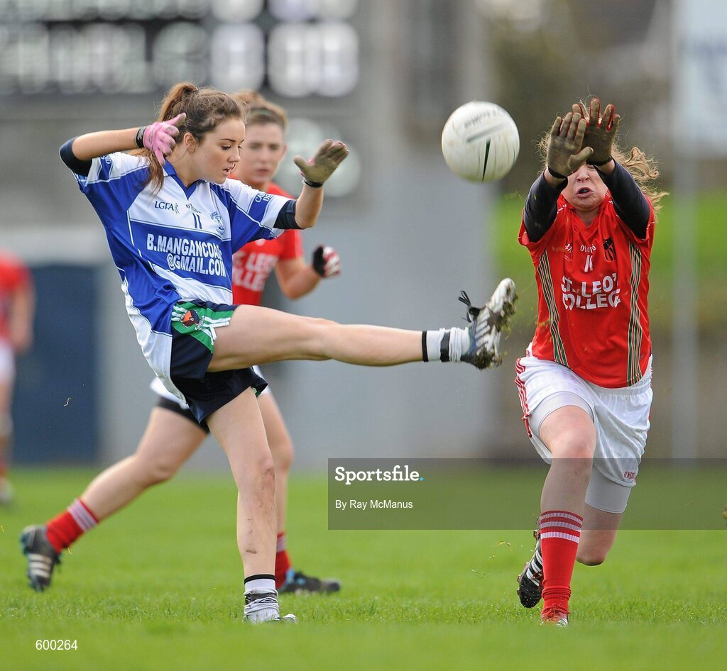 3 March 2012; Marian Stack, Colaiste Ide agus Iosef, in action against Amanda Kinsella, St Leo’s. Tesco All-Ireland Post Primary Schools Senior A Semi-Final, St Leo’s, Carlow v Colaiste Ide agus Iosef, Limerick, McDonagh Park, Nenagh, Co. Tipperary. Picture credit: Ray McManus / SPORTSFILE