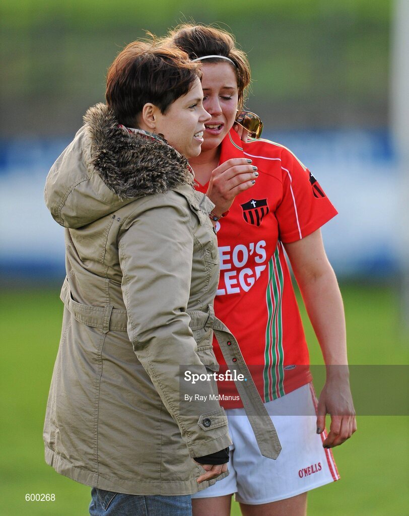 3 March 2012; Full back Ciera Callanan is comforted by St Leo’s supporter Louise Pollard after the game. Tesco All-Ireland Post Primary Schools Senior A Semi-Final, St Leo’s, Carlow v Colaiste Ide agus Iosef, Limerick, McDonagh Park, Nenagh, Co. Tipperary. Picture credit: Ray McManus / SPORTSFILE
