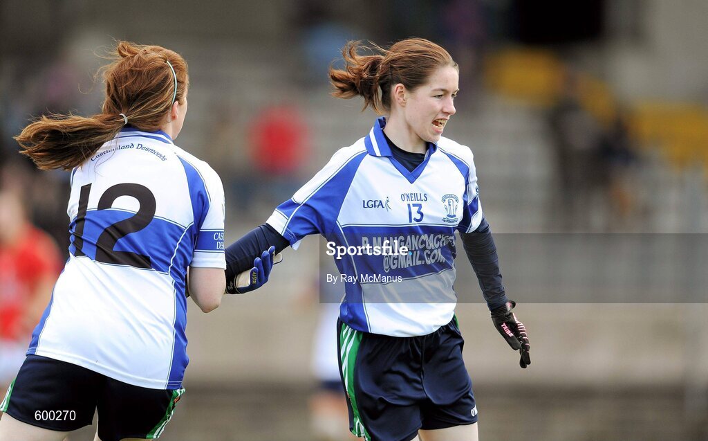 3 March 2012; Rebecca Daly, right, celebrates scoring the second Colaiste Ide agus Iosef goal with her team mate Shannon Sheehan. Tesco All-Ireland Post Primary Schools Senior A Semi-Final, St Leo’s, Carlow v Colaiste Ide agus Iosef, Limerick, McDonagh Park, Nenagh, Co. Tipperary. Picture credit: Ray McManus / SPORTSFILE