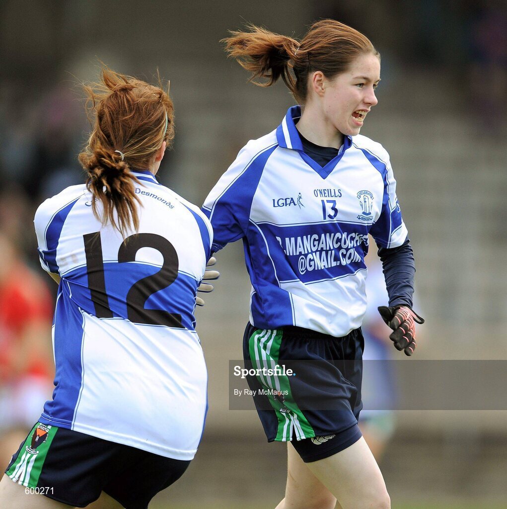 3 March 2012; Rebecca Daly, right, celebrates scoring the second Colaiste Ide agus Iosef goal with her team mate Shannon Sheehan. Tesco All-Ireland Post Primary Schools Senior A Semi-Final, St Leo’s, Carlow v Colaiste Ide agus Iosef, Limerick, McDonagh Park, Nenagh, Co. Tipperary. Picture credit: Ray McManus / SPORTSFILE