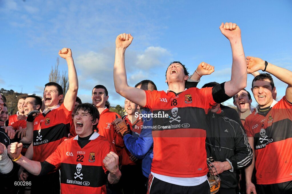 3 March 2012; UCC players celebrate as captain Shane Bourke lifts the cup after victory over CIT. Irish Daily Mail Fitzgibbon Cup Final, University College Cork v Cork Institute of Technology, Mardyke Arena, Cork. Picture credit: Diarmuid Greene / SPORTSFILE
