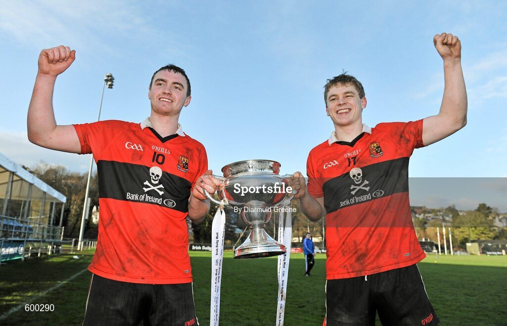 3 March 2012; UCC players, and brothers, Pauric, left, and Philip Mahony celebrate with the cup after victory over CIT. Irish Daily Mail Fitzgibbon Cup Final, University College Cork v Cork Institute of Technology, Mardyke Arena, Cork. Picture credit: Diarmuid Greene / SPORTSFILE