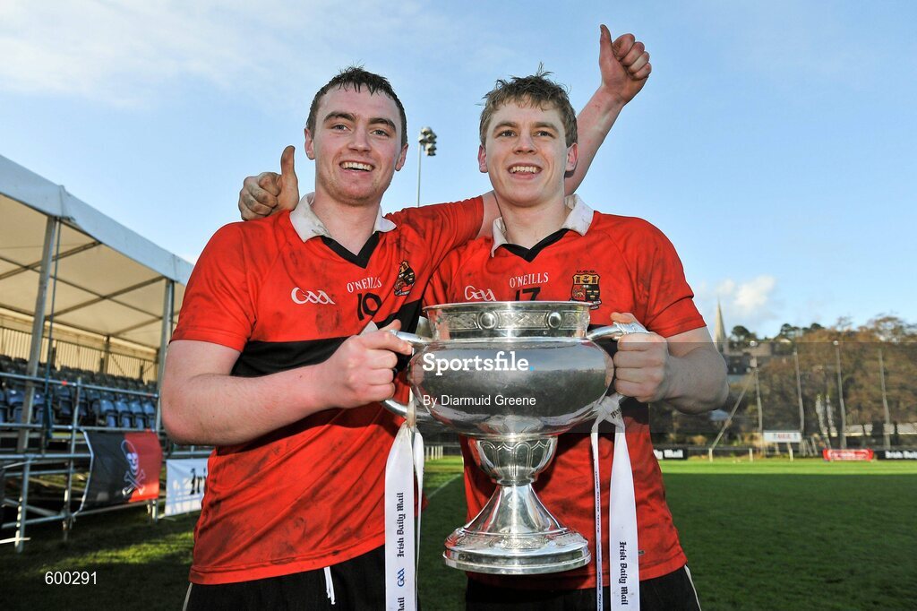 3 March 2012; UCC players, and brothers, Pauric, left, and Philip Mahony celebrate with the cup after victory over CIT. Irish Daily Mail Fitzgibbon Cup Final, University College Cork v Cork Institute of Technology, Mardyke Arena, Cork. Picture credit: Diarmuid Greene / SPORTSFILE