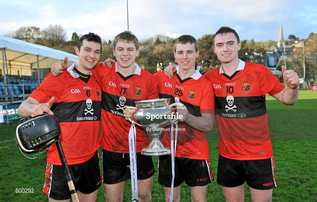 3 March 2012; UCC players, all from Waterford, from left to right, Dara Fives, Philip Mahony, Brian O'Sullivan and Pauric Mahony celebrate with the cup after victory over CIT. Irish Daily Mail Fitzgibbon Cup Final, University College Cork v Cork Institute of Technology, Mardyke Arena, Cork. Picture credit: Diarmuid Greene / SPORTSFILE