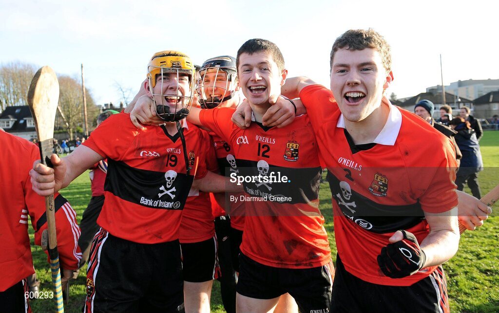 3 March 2012; UCC players, from left to right, Seamus Corry, Dara Fives, Seamus Harnedy and Stephen Maher celebrate after victory over CIT. Irish Daily Mail Fitzgibbon Cup Final, University College Cork v Cork Institute of Technology, Mardyke Arena, Cork. Picture credit: Diarmuid Greene / SPORTSFILE