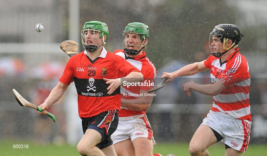 3 March 2012; Brian O'Sullivan, UCC, in action against Aidan Walsh, and Brendan Weathers, right, CIT. Irish Daily Mail Fitzgibbon Cup Final, University College Cork v Cork Institute of Technology, Mardyke Arena, Cork. Picture credit: Diarmuid Greene / SPORTSFILE