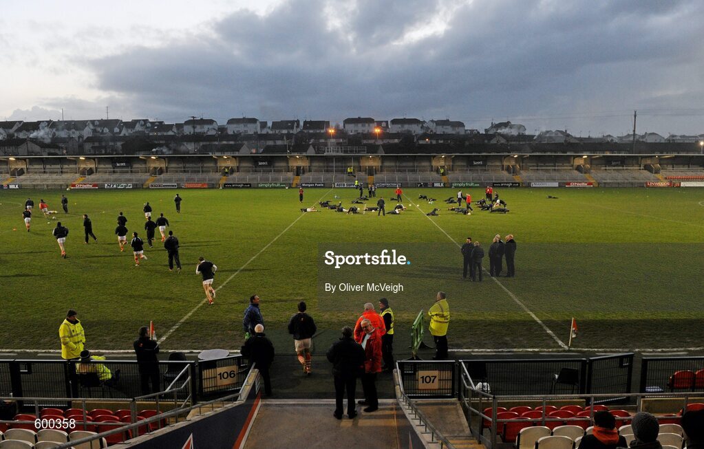 3 March 2012; The Armagh and Mayo squads warm up before the game. Allianz Football League, Division 1, Armagh v Mayo, Morgan Athletic Grounds, Armagh. Picture credit: Oliver McVeigh / SPORTSFILE