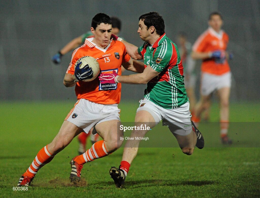 3 March 2012; Caolan Rafferty, Armagh, in action against Keith Higgins, Mayo. Allianz Football League, Division 1, Armagh v Mayo, Morgan Athletic Grounds, Armagh. Picture credit: Oliver McVeigh / SPORTSFILE
