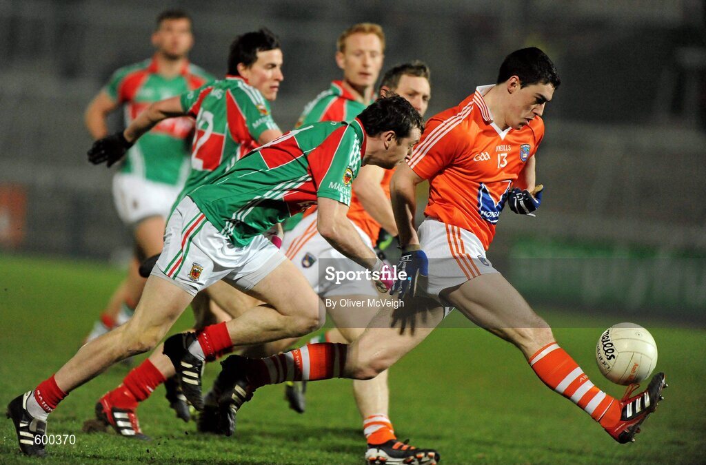 3 March 2012; Caolan Rafferty, Armagh, in action against Keith Higgins, Mayo. Allianz Football League, Division 1, Armagh v Mayo, Morgan Athletic Grounds, Armagh. Picture credit: Oliver McVeigh / SPORTSFILE