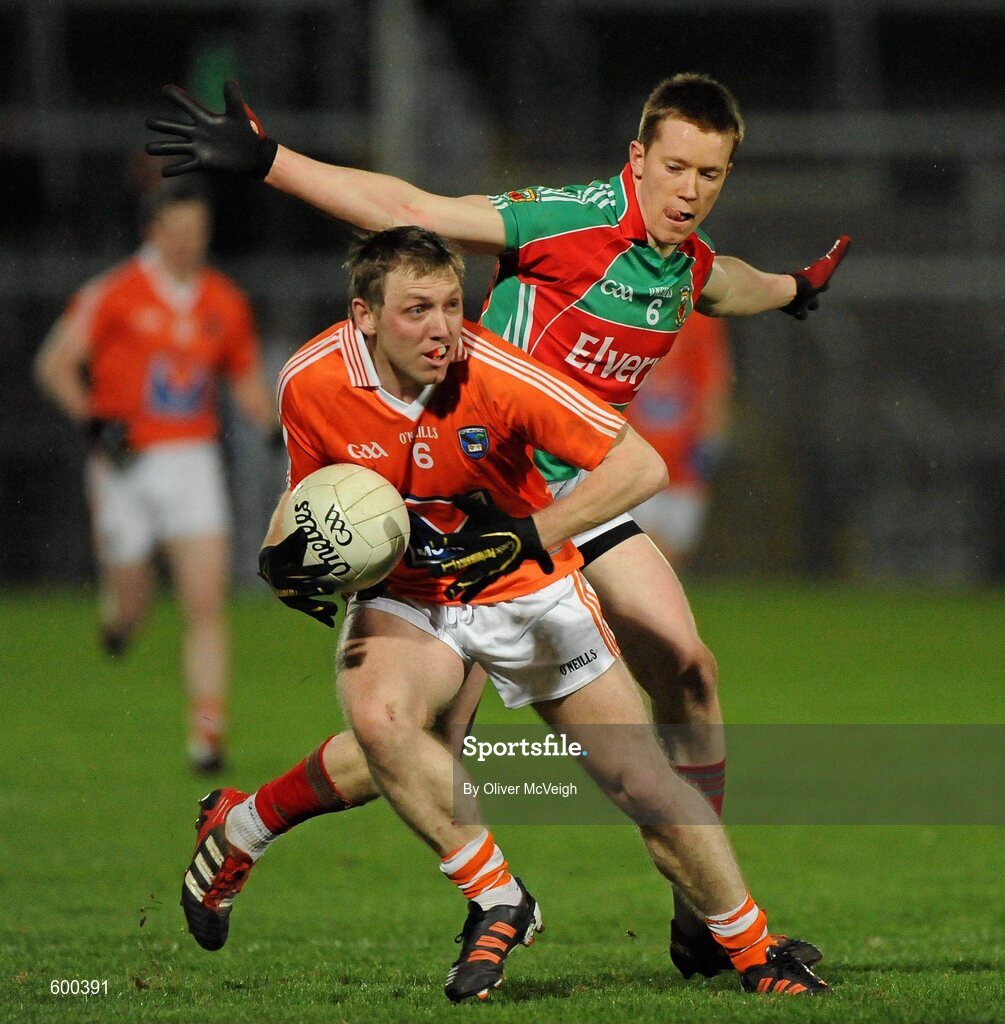 3 March 2012; Paul Duffy, Armagh, in action against Donal Vaughan, Mayo. Allianz Football League, Division 1, Armagh v Mayo, Morgan Athletic Grounds, Armagh. Picture credit: Oliver McVeigh / SPORTSFILE