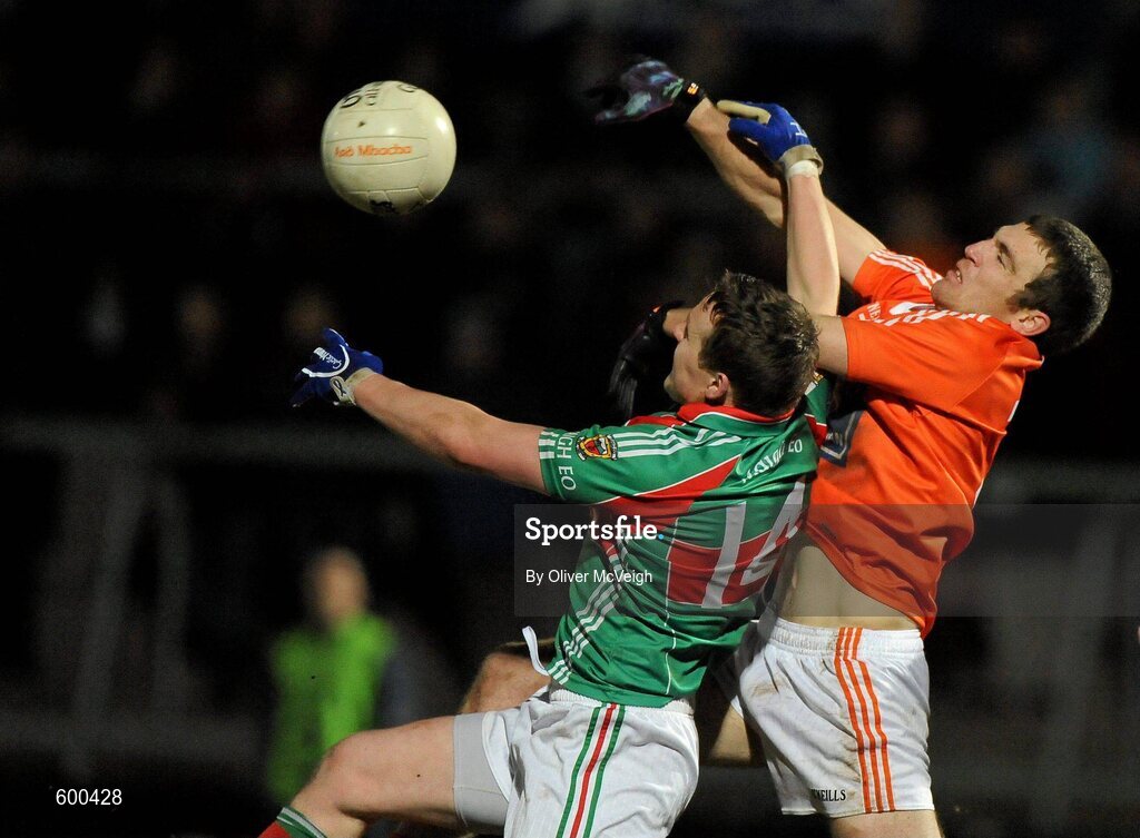 3 March 2012; Brendan Donaghy, Armagh, in action against Andy Moran, Mayo. Allianz Football League, Division 1, Armagh v Mayo, Morgan Athletic Grounds, Armagh. Picture credit: Oliver McVeigh / SPORTSFILE