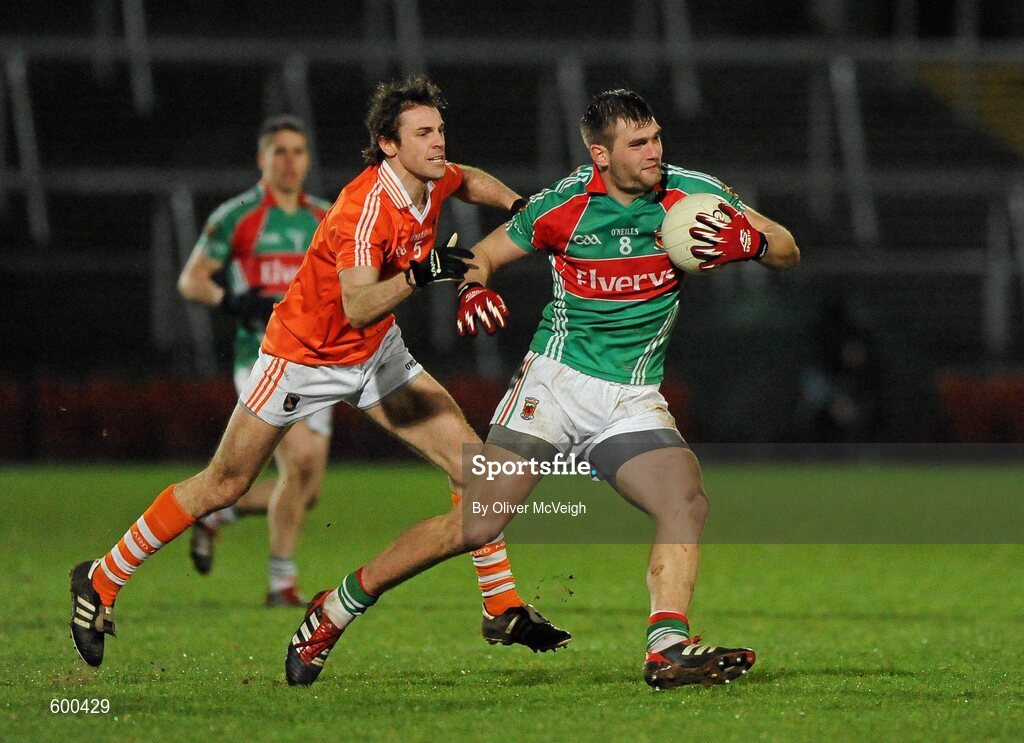 3 March 2012; Aidan O'Shea, Mayo, in action against Billy Joe Padden, Armagh. Allianz Football League, Division 1, Armagh v Mayo, Morgan Athletic Grounds, Armagh. Picture credit: Oliver McVeigh / SPORTSFILE