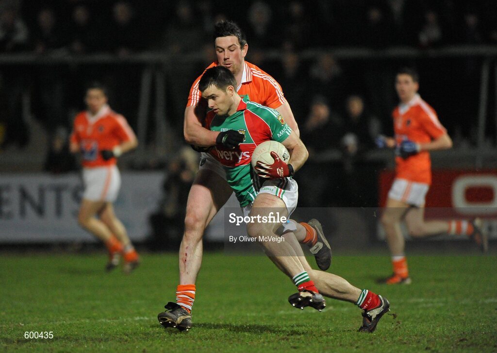 3 March 2012; Ger Cafferkey, Mayo, in action against John Kingham, Armagh. Allianz Football League, Division 1, Armagh v Mayo, Morgan Athletic Grounds, Armagh. Picture credit: Oliver McVeigh / SPORTSFILE