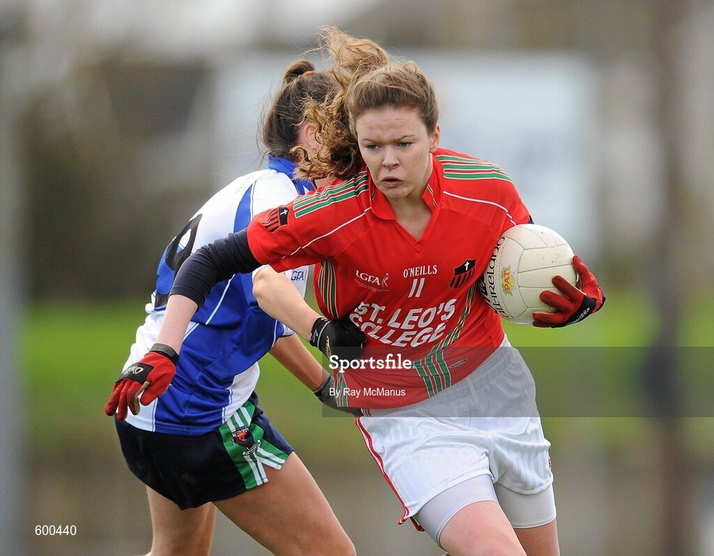 3 March 2012; Amanda Kinsella, St Leo’s, in action against Laura Sheeran, Colaiste Ide agus Iosef. Tesco All-Ireland Post Primary Schools Senior A Semi-Final, St Leo’s, Carlow v Colaiste Ide agus Iosef, Limerick, McDonagh Park, Nenagh, Co. Tipperary. Picture credit: Ray McManus / SPORTSFILE