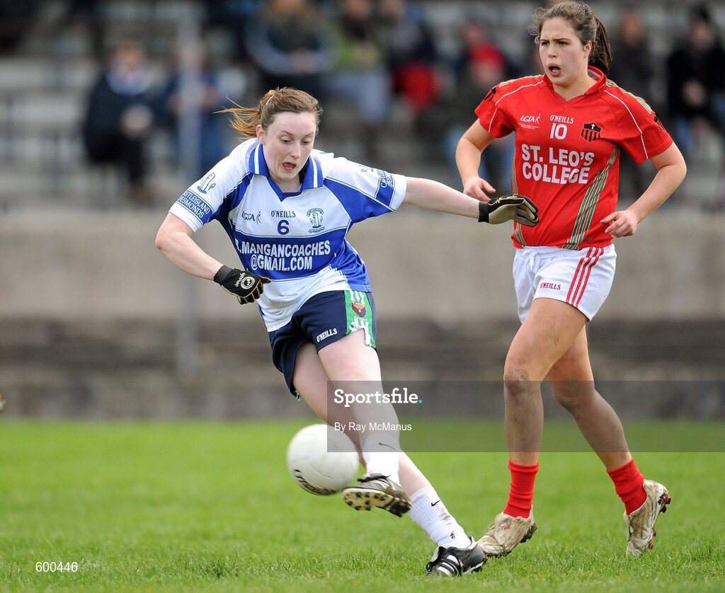 3 March 2012; Sinead Guiney, Colaiste Ide agus Iosef, in action against Danni Callanan, St Leo’s. Tesco All-Ireland Post Primary Schools Senior A Semi-Final, St Leo’s, Carlow v Colaiste Ide agus Iosef, Limerick, McDonagh Park, Nenagh, Co. Tipperary. Picture credit: Ray McManus / SPORTSFILE