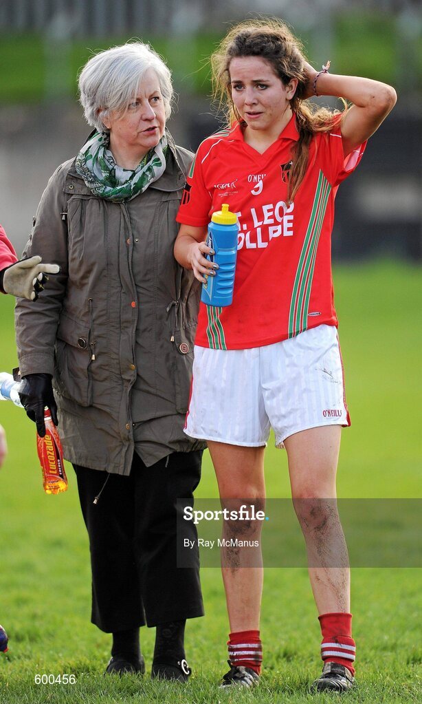 3 March 2012; The St Leo’s captain Jane Moore is comforted by her mother Betty after the game. Tesco All-Ireland Post Primary Schools Senior A Semi-Final, St Leo’s, Carlow v Colaiste Ide agus Iosef, Limerick, McDonagh Park, Nenagh, Co. Tipperary. Picture credit: Ray McManus / SPORTSFILE
