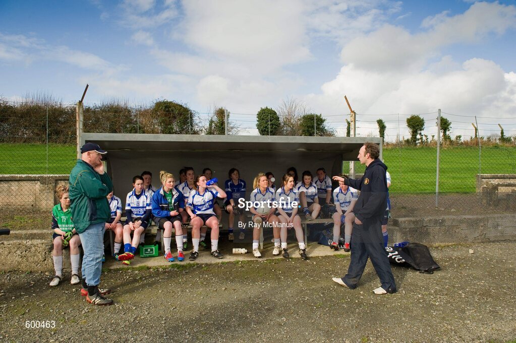 3 March 2012; Members of the Colaiste Ide agus Iosef squad listen to advice from joint team managers Billy Mangan, left, and Con Healy during the half time break. Tesco All-Ireland Post Primary Schools Senior A Semi-Final, St Leo’s, Carlow v Colaiste Ide agus Iosef, Limerick, McDonagh Park, Nenagh, Co. Tipperary. Picture credit: Ray McManus / SPORTSFILE