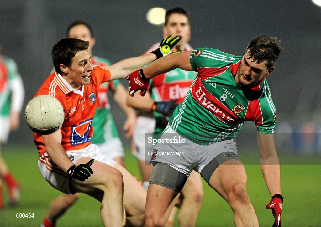 3 March 2012; Charlie Vernon, Armagh, in action against Aidan O'Shea, Mayo. Allianz Football League, Division 1, Armagh v Mayo, Morgan Athletic Grounds, Armagh. Picture credit: Oliver McVeigh / SPORTSFILE