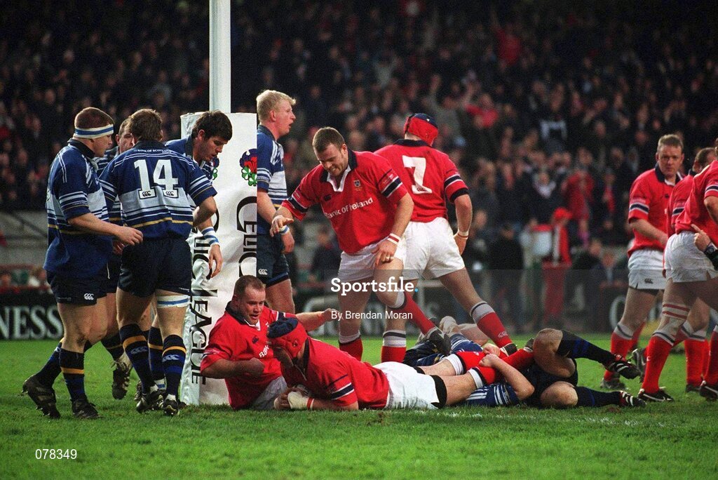 15 December 2001; Anthony Foley, (red and blue scrum cap), scores Munster's first try against Leinster. Leinster v Munster, Celtic League, Final, Lansdowne Road, Dublin. Rugby. Picture credit; Brendan Moran / SPORTSFILE