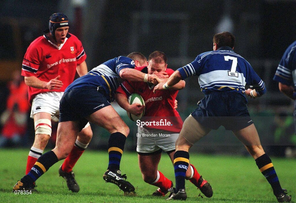 15 December 2001; Frank Sheahan, Munster, is challenged by Leinster's Keith Gleeson, 7, and Victor Costello. Leinster v Munster, Celtic League, Final, Lansdowne Road, Dublin. Rugby. Picture credit; Brendan Moran / SPORTSFILE