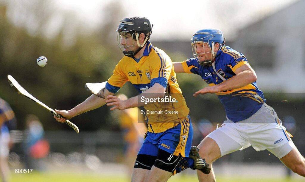 4 March 2012; Patrick Donnellan, Clare, in action against James Woodlock, Tipperary. Waterford Crystal Cup Hurling Final, Clare v Tipperary, O'Garney Park, Sixmilebridge, Co. Clare. Picture credit: Diarmuid Greene / SPORTSFILE