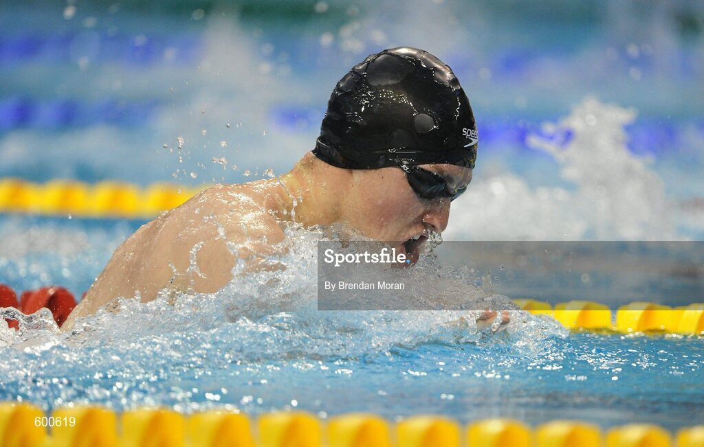 2 March 2012; Johnny P Quinn, Dolphin, on his way to finishing 2nd in the Men's 100m Breaststroke Final, during the Irish Long Course National Swimming Championships/Olympic Trials. National Aquatic Centre, Abbotstown, Dublin. Picture credit: Brendan Moran / SPORTSFILE