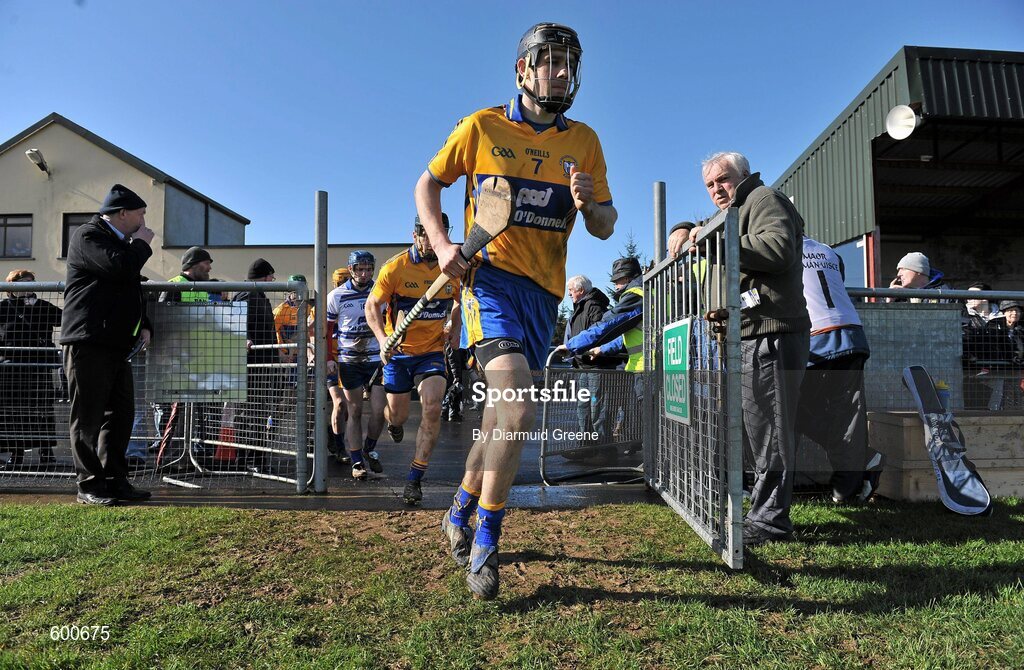 4 March 2012; Clare captain Patrick Donnellan leads his team out for the start of the second half. Waterford Crystal Cup Hurling Final, Clare v Tipperary, O'Garney Park, Sixmilebridge, Co. Clare. Picture credit: Diarmuid Greene / SPORTSFILE