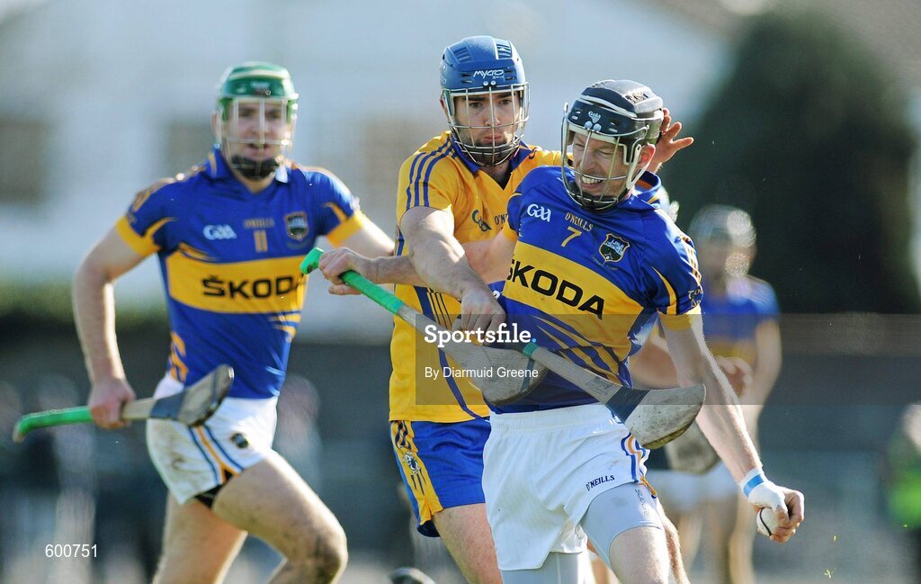 4 March 2012; Shane Maher, Tipperary, in action against Camin Morey, Clare. Waterford Crystal Cup Hurling Final, Clare v Tipperary, O'Garney Park, Sixmilebridge, Co. Clare. Picture credit: Diarmuid Greene / SPORTSFILE