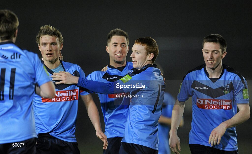2 March 2012; UCD goalscorer Mark Langtry, centre, celebrates with team captain Mick Leahy, second from left, and team mates Chris Mulhall, 11,  Danny Ledwith, 17, and James Kavanagh after scoring the only goal of the game. Airtricity League Premier Division, UCD v Cork City, Belfield Bowl, UCD, Belfield, Dublin. Picture credit: Ray McManus / SPORTSFILE