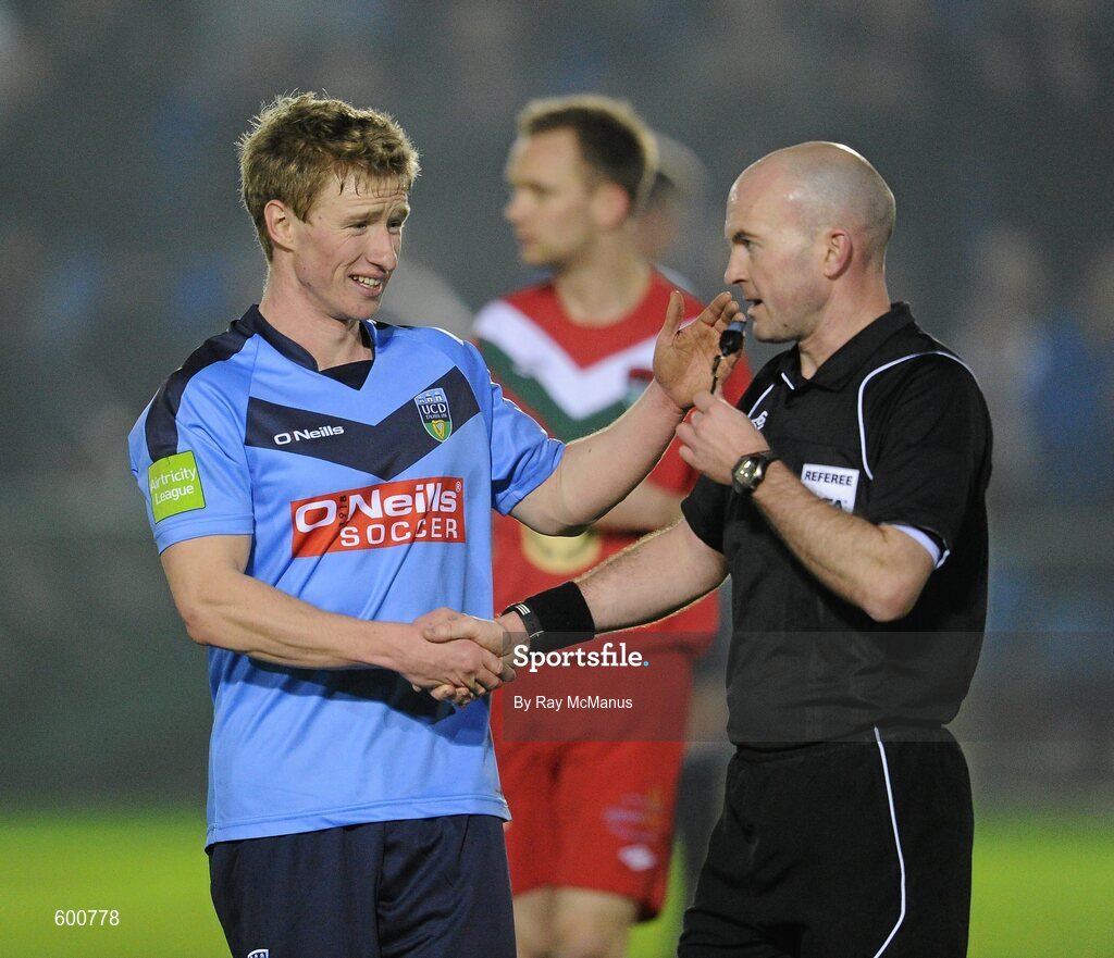 2 March 2012; Paul O'Connor, UCD, shakes hands with referee Padraigh Sutton after the game. Airtricity League Premier Division, UCD v Cork City, Belfield Bowl, UCD, Belfield, Dublin. Picture credit: Ray McManus / SPORTSFILE