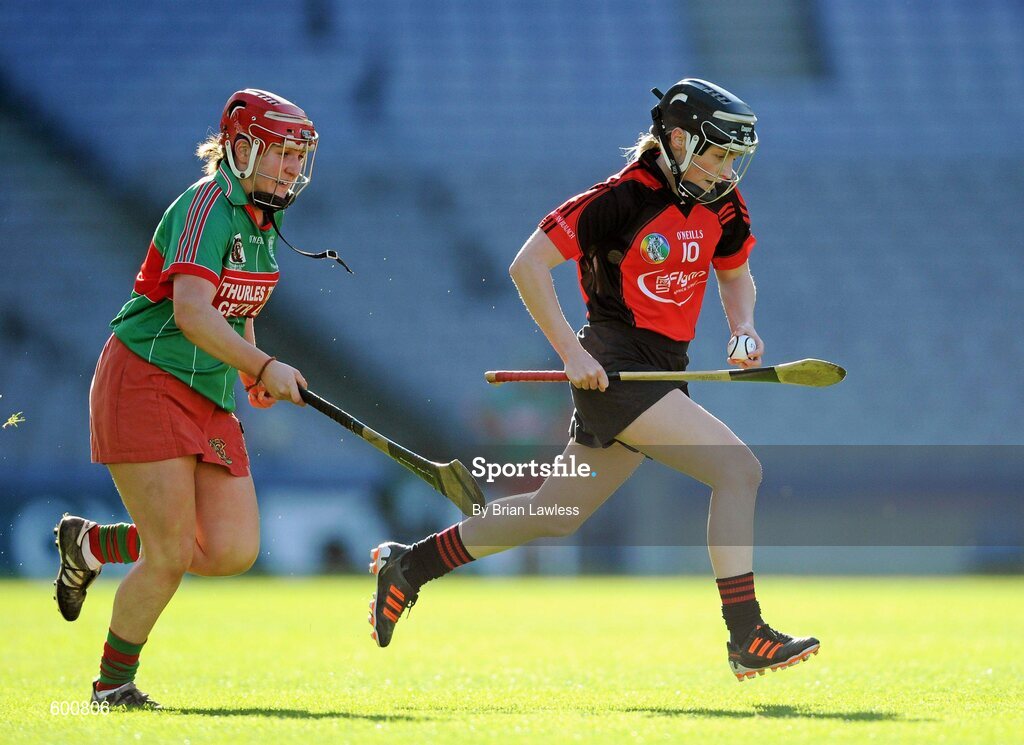 4 March 2012; Tanya Stamp, Oulart-the-Ballagh, in action against Therese Shortt, Drom/Inch. All Ireland Senior Camogie Club Championship Final 2011, Drom/Inch, Tipperary v Oulart-the-Ballagh, Wexford, Croke Park, Dublin. Picture credit: Brian Lawless / SPORTSFILE