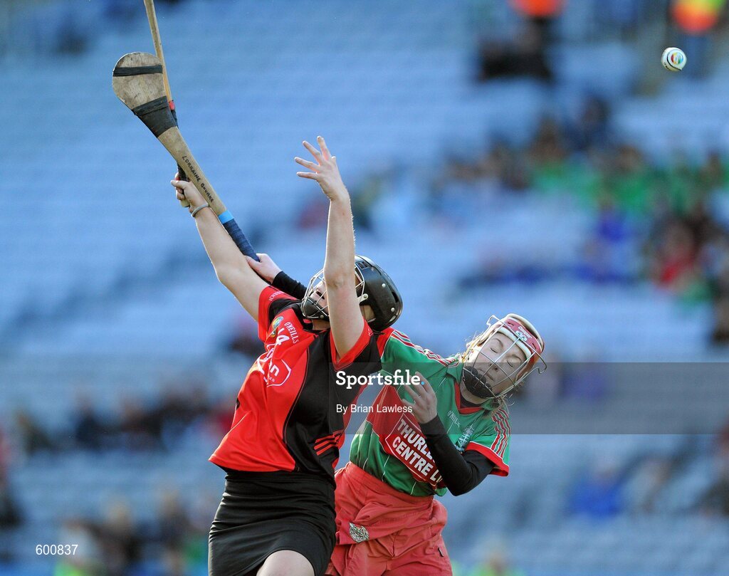 4 March 2012; Lorraine Bourke, Drom/Inch, in action against Ursula Jacob, Oulart-the-Ballagh. All Ireland Senior Camogie Club Championship Final 2011, Drom/Inch, Tipperary v Oulart-the-Ballagh, Wexford, Croke Park, Dublin. Picture credit: Brian Lawless / SPORTSFILE