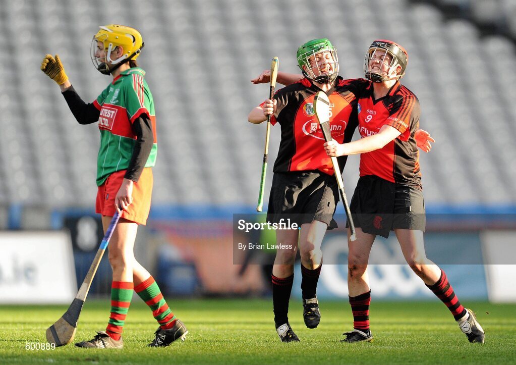 4 March 2012; Oulart-the-Ballagh players Stacey Kehoe and Shelley Kehoe celebrate at the final whistle. All Ireland Senior Camogie Club Championship Final 2011, Drom/Inch, Tipperary v Oulart-the-Ballagh, Wexford, Croke Park, Dublin. Picture credit: Brian Lawless / SPORTSFILE