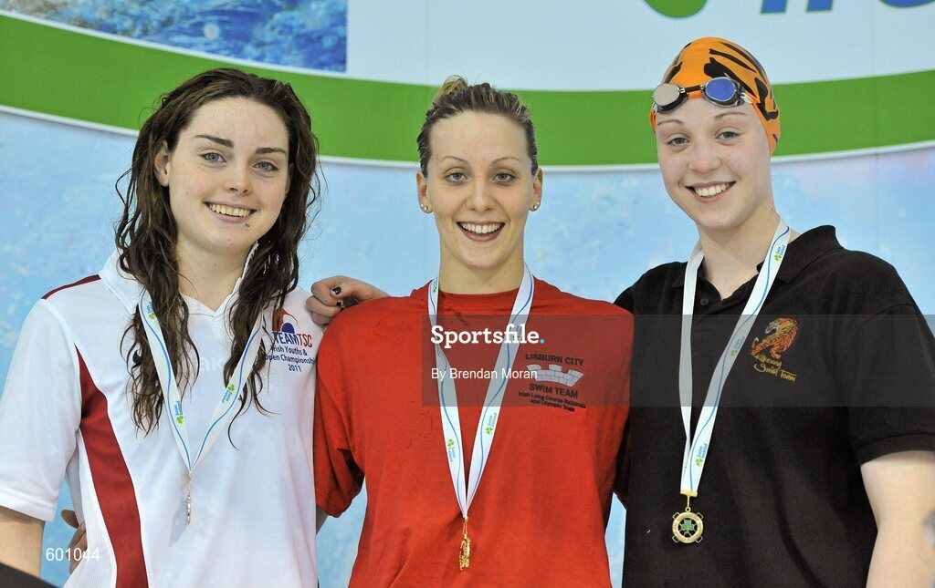 2 March 2012; Medallists in the Women's 100m freestyle, from left, Niamh Murphy, silver, Templeogue SC, Bethany Carson, gold, Lisburn City and Jess Stallard, bronze, Kilkenny SC, during the Irish Long Course National Swimming Championships/Olympic Trials. National Aquatic Centre, Abbotstown, Dublin. Picture credit: Brendan Moran / SPORTSFILE