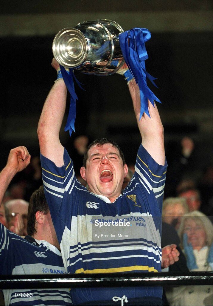 15 December 2001; Leinster's Reggie Corrigan lifts The Celtic League Cup after victory over Munster. Leinster v Munster, Celtic League, Final, Lansdowne Road, Dublin. Rugby. Picture credit; Brendan Moran / SPORTSFILE