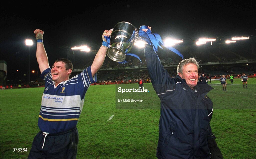 15 December 2001; Leinster's captain Reggie Corrigan, left, and coach Matt Williams with the Celtic League cup after victory over Munster. Leinster v Munster, Celtic League, Final, Lansdowne Road, Dublin. Rugby. Picture credit; Matt Browne / SPORTSFILE