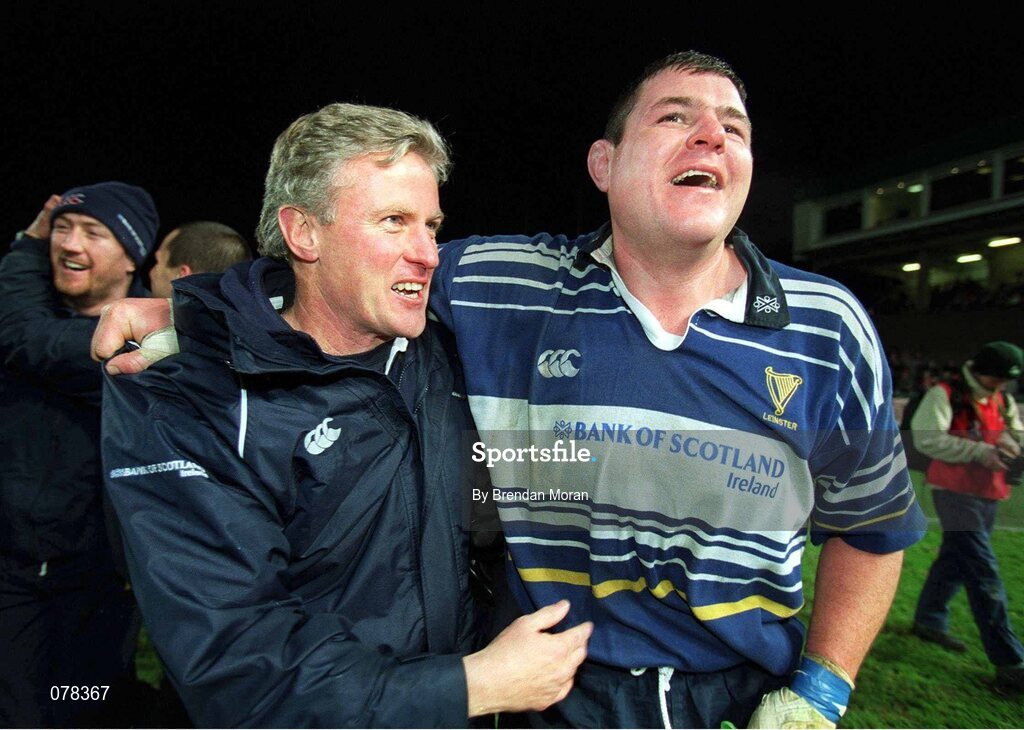 15 December 2001; Leinster manager Matt Williams (left) and Reggie Corrigan celebrate after victory over Munster. Leinster v Munster, Celtic League, Final, Lansdowne Road, Dublin. Rugby. Picture credit; Brendan Moran / SPORTSFILE