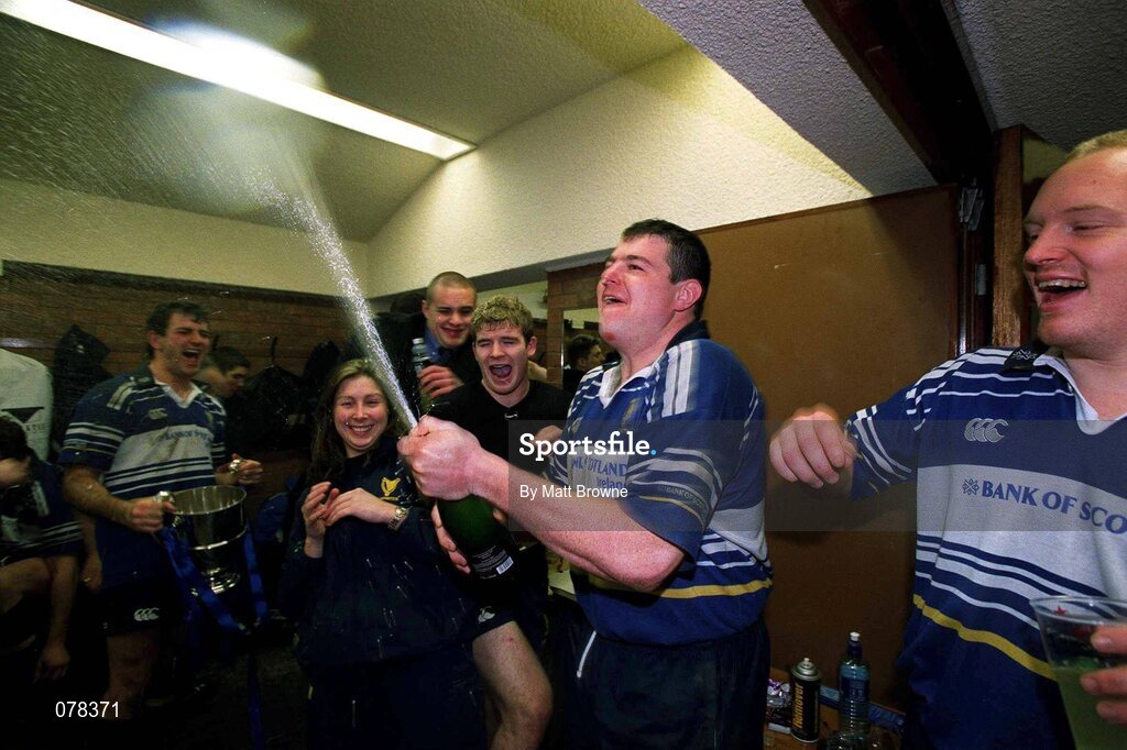 15 December 2001; Leinster captain Reggie Corrigan celebrates with champagne after victory over Munster. Leinster v Munster, Celtic League, Final, Lansdowne Road, Dublin. Rugby. Picture credit; Matt Browne / SPORTSFILE