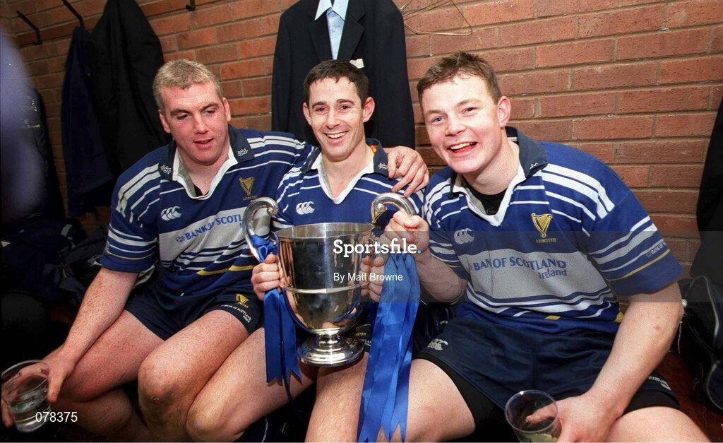 15 December 2001; Leinster players, from left, Victor Costello, Brian O'Meara and Brian O'Driscoll celebrate after victory over Munster. Leinster v Munster, Celtic League, Final, Lansdowne Road, Dublin. Rugby. Picture credit; Matt Browne / SPORTSFILE