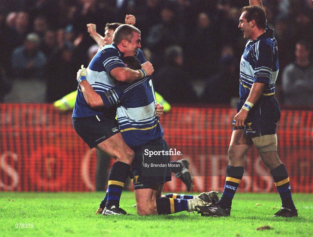 15 December 2001; Leinster players, from left, Victor Costello, Reggie Corrigan and Keith Gleeson celebrate at the final whistle. Leinster v Munster, Celtic League, Final, Lansdowne Road, Dublin. Rugby. Picture credit; Brendan Moran / SPORTSFILE