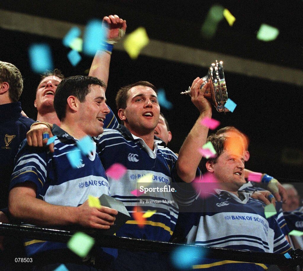 15 December 2001; Leinster players, left to right, Brian O'Meara, Keith Gleeson and Shane Byrne celebrate victory over Munster. Leinster v Munster, Celtic League, Final, Lansdowne Road, Dublin. Rugby. Picture credit; Brendan Moran / SPORTSFILE