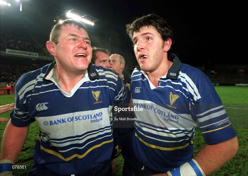 15 December 2001; Leinster captain Reggie Corrigan, left, and Shane Horgan celebrate after victory over Munster. Leinster v Munster, Celtic League, Final, Lansdowne Road, Dublin. Rugby. Picture credit; Matt Browne / SPORTSFILE