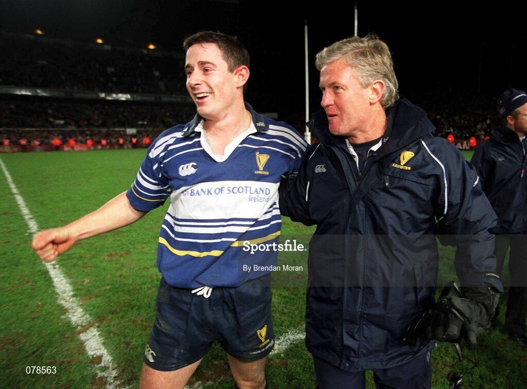 15 December 2001; Leinster's Brian O'Meara and coach Matt Williams, celebrates after victory over Munster. Leinster v Munster, Celtic League, Final, Lansdowne Road, Dublin. Rugby. Picture credit; Brendan Moran / SPORTSFILE