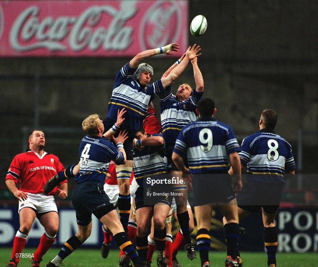 15 December 2001; Leinster team-mates Malcolm O'Kelly, left, and Eric Miller attempt to gain possession. Leinster v Munster, Celtic League, Final, Lansdowne Road, Dublin. Rugby. Picture credit; Brendan Moran / SPORTSFILE