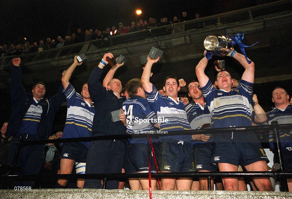 15 December 2001; Leinster players celebrate with the Celtic League trophy after victory over Munster. Leinster v Munster, Celtic League, Final, Lansdowne Road, Dublin. Rugby. Picture credit; Brendan Moran / SPORTSFILE