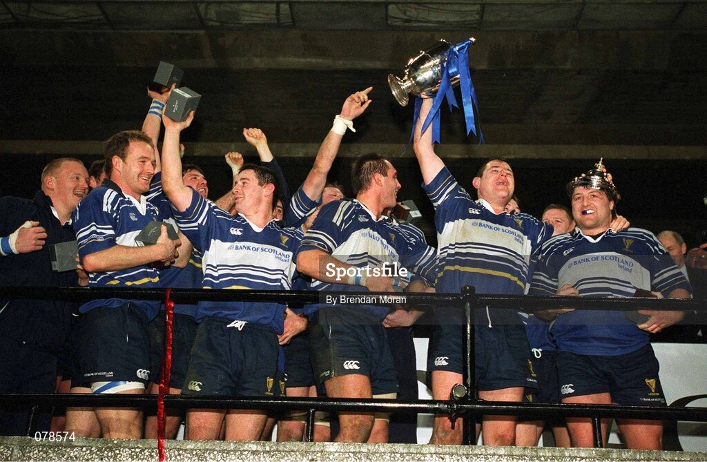 15 December 2001; Leinster players celebrate with the Celtic League trophy after victory over Munster. Leinster v Munster, Celtic League, Final, Lansdowne Road, Dublin. Rugby. Picture credit; Brendan Moran / SPORTSFILE
