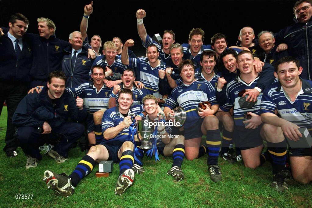 15 December 2001; The Leinster team celebrate with the Celtic League trophy after victory over Munster. Leinster v Munster, Celtic League, Final, Lansdowne Road, Dublin. Rugby. Picture credit; Brendan Moran / SPORTSFILE