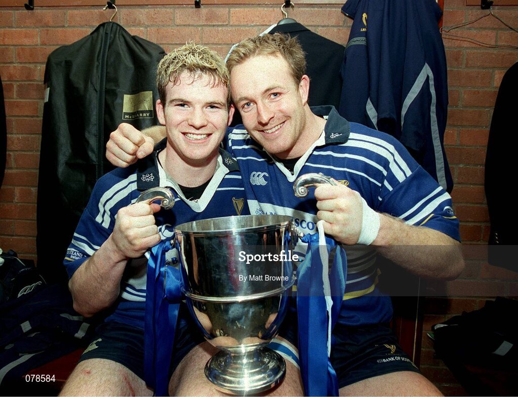 15 December 2001; Leinster's Gordon D'Arcy, left, and Denis Hickie celebrate with the Celtic League Cup. Leinster v Munster, Celtic League, Final, Lansdowne Road, Dublin. Rugby. Picture credit; Matt Browne / SPORTSFILE