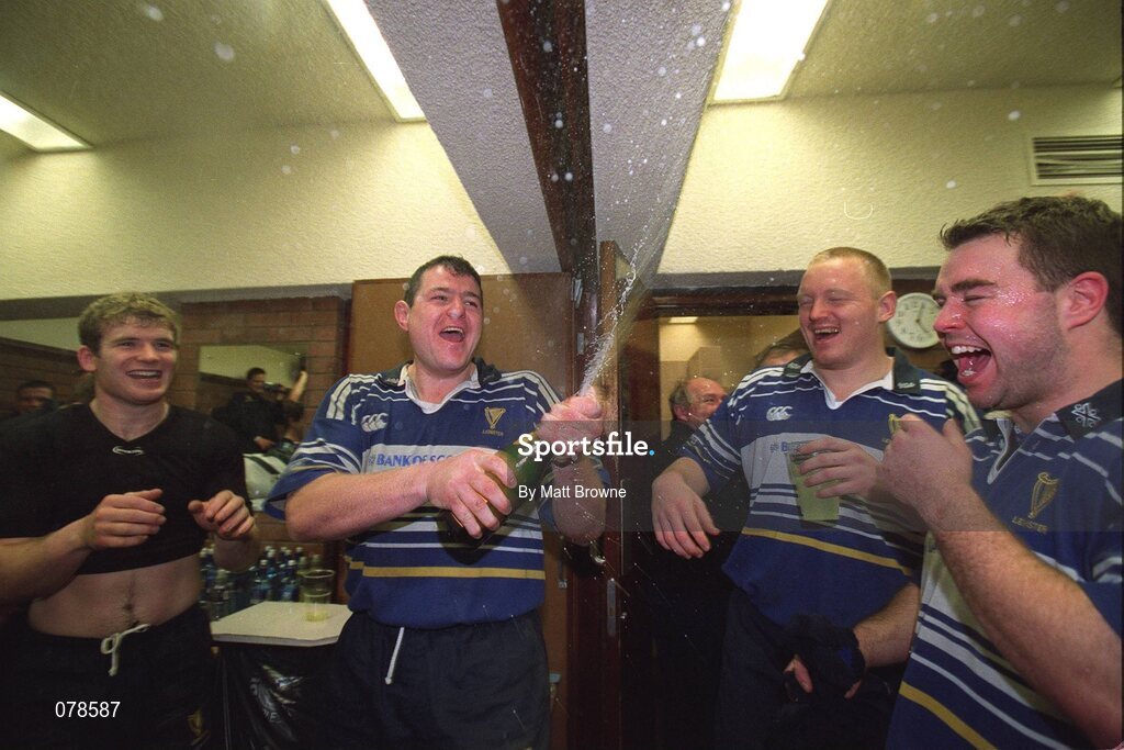 15 December 2001; Leinster captain Reggie Corrigan sprays champagne in celebration after victory over Munster. Leinster v Munster, Celtic League, Final, Lansdowne Road, Dublin. Rugby. Picture credit; Matt Browne / SPORTSFILE