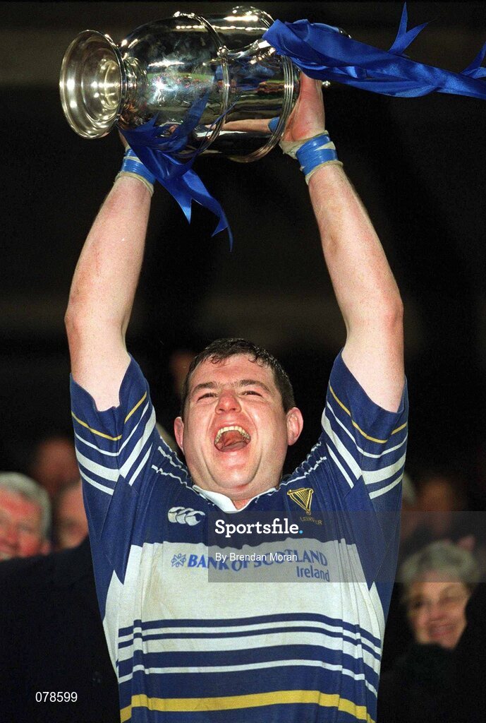 15 December 2001; Leinster captain Reggie Corrigan lifts the Celtic League trophy after victory over Munster. Leinster v Munster, Celtic League, Final, Lansdowne Road, Dublin. Rugby. Picture credit; Brendan Moran / SPORTSFILE